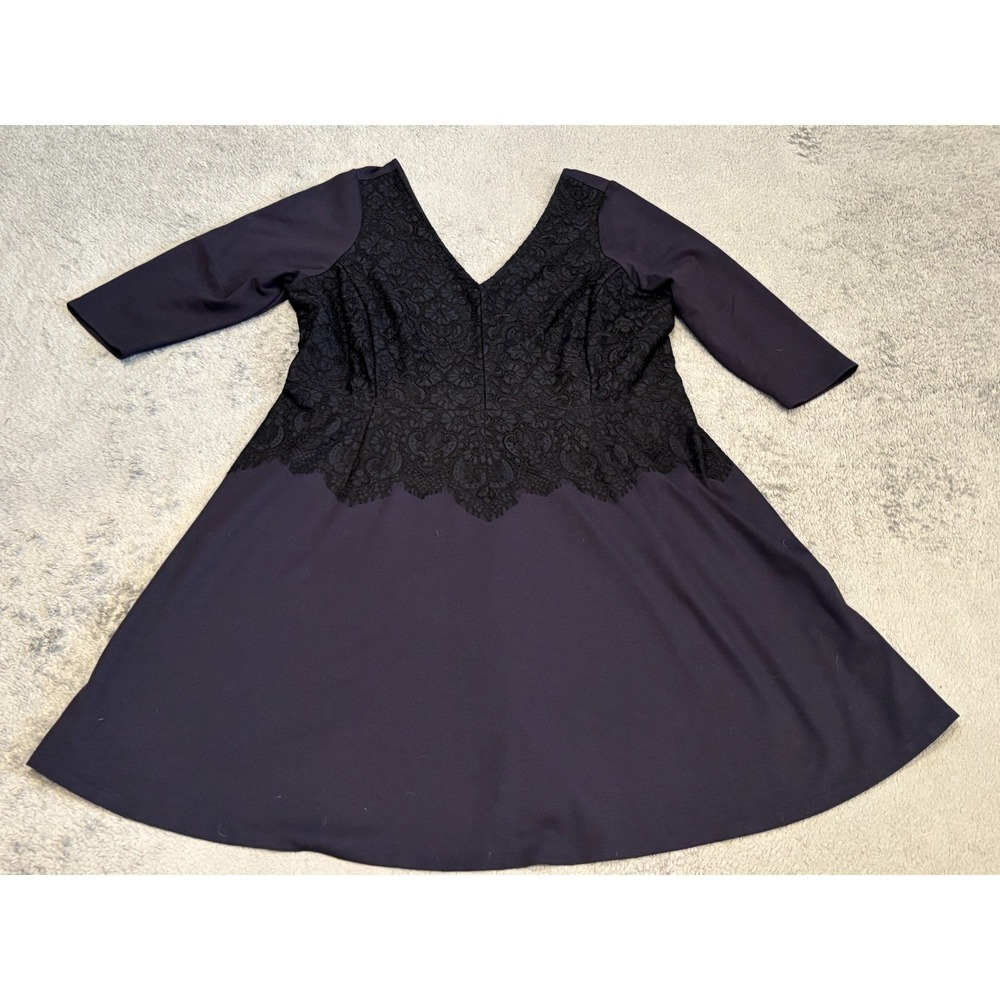 Lane Bryant Dress Womens 18 Navy Blue V Neck Lace Accent 3/4 Sleeve A-Line